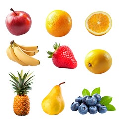 A set of different fruits in PNG format without background. Apple, orange, banana, strawberry, grapefruit, pineapple, pear, blueberry.