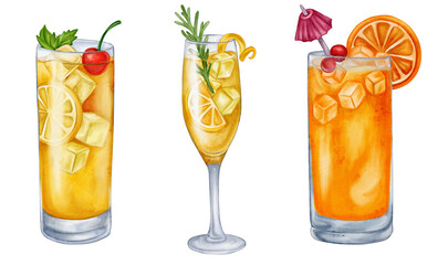 Watercolor summer cocktails in tall glasses with ice, citrus slices, herbs and berries. Fresh colorful drinks isolated on transparent background for bar menu, party design and beverage branding.