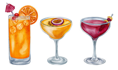 Watercolor cocktail set with orange, berry and passion fruit drinks in elegant glasses. Hand painted beverages isolated on transparent background for bar menus, party decor and drink branding.