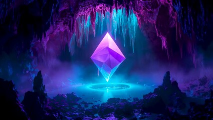 Glowing purple crystal diamond floating above blue energy pool inside mystical cavern neon lights rocks - Powered by Adobe