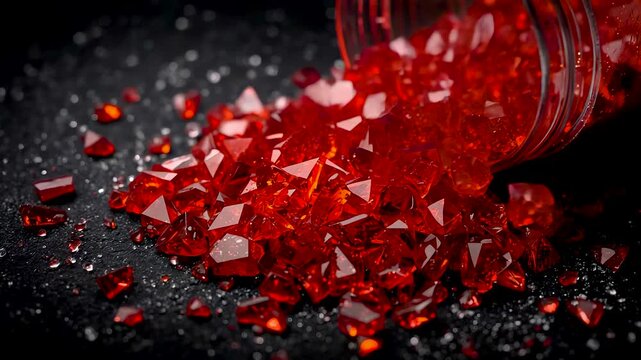 Red ruby crystals spilling from glass bottle scattered gems sparkling on black surface dramatic light