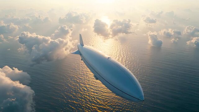 White airship zeppelin floating above fluffy clouds over vast ocean golden sunrise light rays