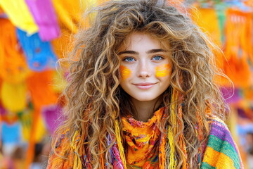Girl with curly hair and colorful attire at a festival celebration in a vibrant outdoor setting during daytime