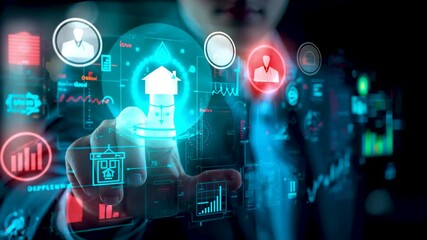 Hand interacting holographic interface glowing icons home analytics charts people profiles dark digital background - Powered by Adobe