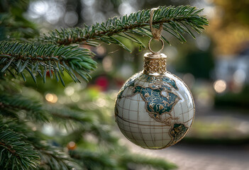 A Christmas tree ball in the shape of a rotating globe of the Earth, on a spruce branch. Bokeh, space for text. Postcard