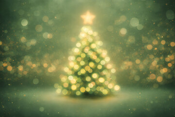 softly blurred green christmas tree made of glowing bokeh lights with a warm golden defocused star on top creating a dreamy festive holiday background