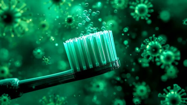 Green glowing toothbrush surrounded by floating bacteria viruses microbes dark microscopic hygiene scene