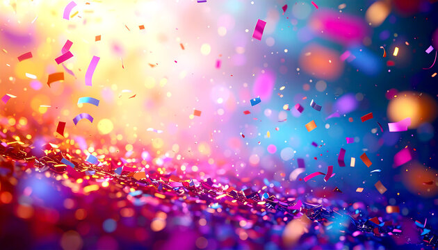 Bunter Konfetti-Regen vor abstraktem Bokeh-Hintergrund