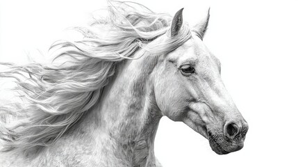 Obraz premium Horse Head Portrait With Flowing Mane on White Background for Horse Feed Branding and Animal Portrait Promotions