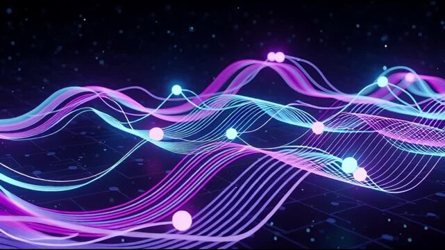 Vibrant digital waves undulate across a dark cosmic background illuminated by glowing orbs
