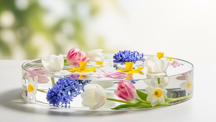 Delicate spring flowers floating in a round glass bowl of water. Floral display for spa, home decor, seasonal advertising.