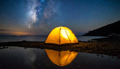 Leuchtendes Zelt unter Sternenhimmel mit Milchstraße in den Bergen bei Nacht