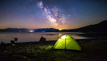Leuchtendes Zelt unter Sternenhimmel mit Milchstraße in den Bergen bei Nacht