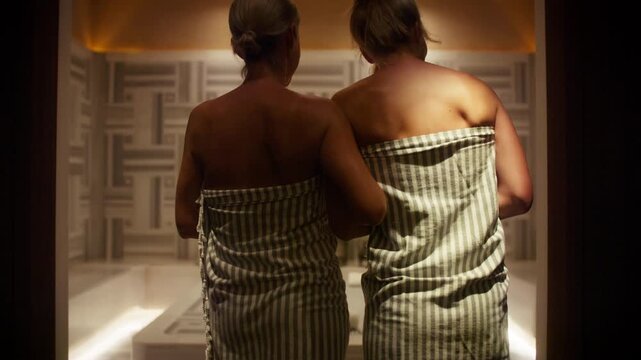 Two women, wrapped in towels, enter a beautiful and serene spa, sharing a happy, intimate moment. They are ready for pampering and relaxation together