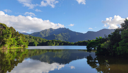 Scenic mountain lake surrounded by forest and blue sky