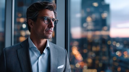 Fototapeta na wymiar Confident Businessman in Suit Looking Out City Window at Night