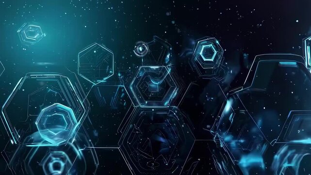 This intriguing video features a mesmerizing array of glowing hexagonal patterns floating in a dark cosmic background. The interplay of light and geometry creates a futuristic and captivating visual e