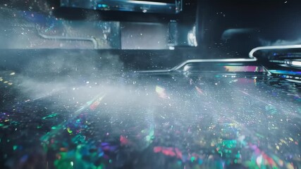This mesmerizing video captures a dazzling array of colorful lights reflecting off a shimmering surface. The swirling mist enhances the ethereal atmosphere, creating a captivating visual experience.