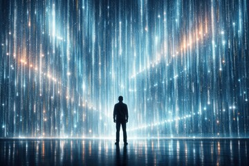 Silhouette of Man Standing Before Futuristic Digital Light Streams