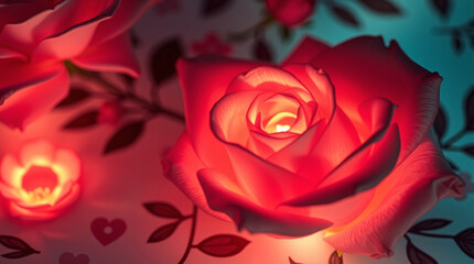 Naklejka premium Elegant illuminated pink rose flower illustration on decorative seamless pattern background, romantic Valentine's Day concept with glowing floral elements in pastel color palette.