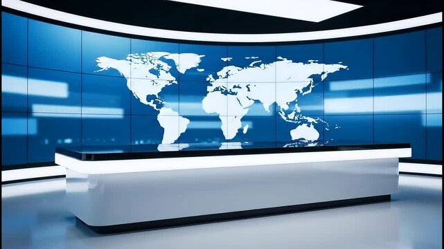 Modern broadcast studio features an illuminated white anchor desk set against a vibrant blue digital world map display screen.
