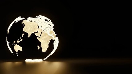 Rotating digital Earth globe made of glowing golden dots on black background. Abstract 3D planet animation with reflection and copy space. Global technology and network concept - Powered by Adobe
