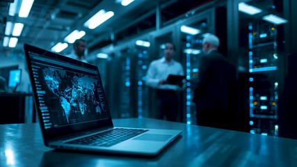 Laptop displaying glowing world map hologram in server room data center engineers discussing background - Powered by Adobe