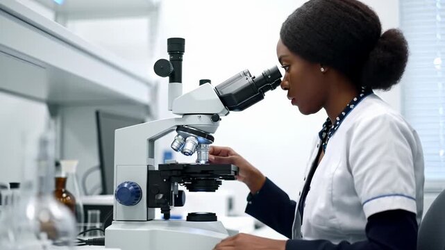 Young african american scientist in a lab coat precisely adjusting a digital microscope in a bright, modern, high-tech laboratory with sleek equipment and soft bokeh background. Concept of scientific
