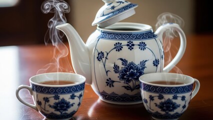 Blue and White Teapot with Cups on Wooden Table