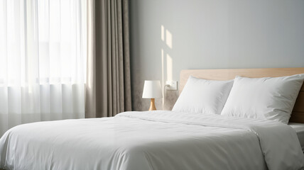 Modern bedroom with white bedding and natural light through curtains  