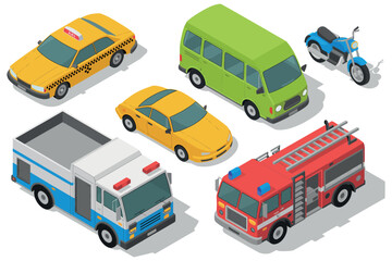 A colorful illustration of various emergency and public service vehicles on a white background