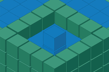 Obraz premium A 3D illustration of a blue cube surrounded by green cubes in a maze-like pattern