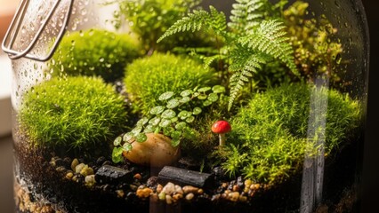 Lush Indoor Terrarium with Ferns and Moss Landscape