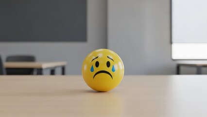 Sad Emoji Ball on Wooden Table in Office Setting