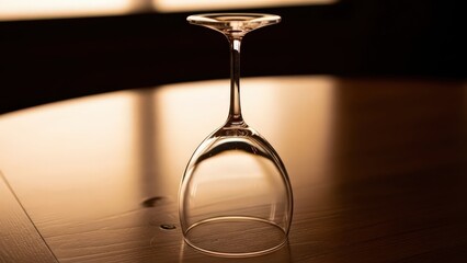 Single Wine Glass on Wooden Table CloseUp Shot