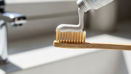 Toothbrush with toothpaste near sink in bathroom setting