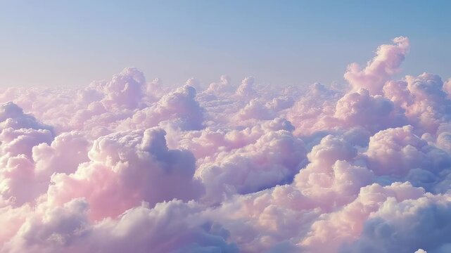 This video showcases a breathtaking panorama of soft, fluffy clouds painted in hues of pink and blue. The tranquil sky creates a serene ambiance, inviting viewers to experience the beauty of nature.