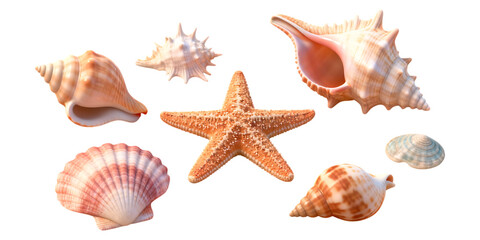 a collection of various seashells and a starfish showcasing natural textures and colors on transparent background