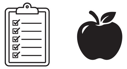 Iconic health and productivity icon set featuring a clipboard with a checklist and an apple for lifestyle and wellness