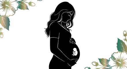 Silhouette artwork illustrating a pregnant woman tenderly cradling her growing unborn baby symbolizing maternity and new life on white background