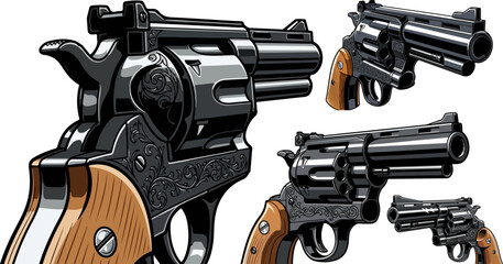 Detailed illustration set showcasing various angles of a classic engraved revolver handgun with wooden grips on white background