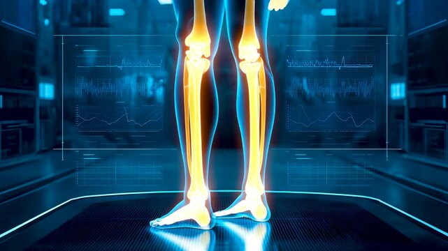 Glowing golden human leg bones joints highlighted in blue digital scan medical anatomy visualization