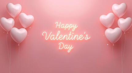 Soft Pink Valentine Background With White Heart Balloons And Glowing Happy Valentine’s Day Text, Romantic Holiday Greeting Design, Minimal Graphic Composition With Copy Space
