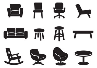 Modern silhouette furniture icons set featuring chairs, sofas, stools, and tables for interior design