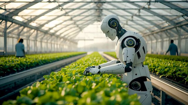 White humanoid robot tending green lettuce plants inside bright modern greenhouse hydroponic rows