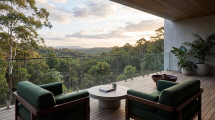 Luxury patio setup with dark green chairs glass railing forest view