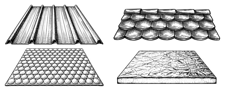 Set of hand drawn engraved construction textures including roof tiles and metal