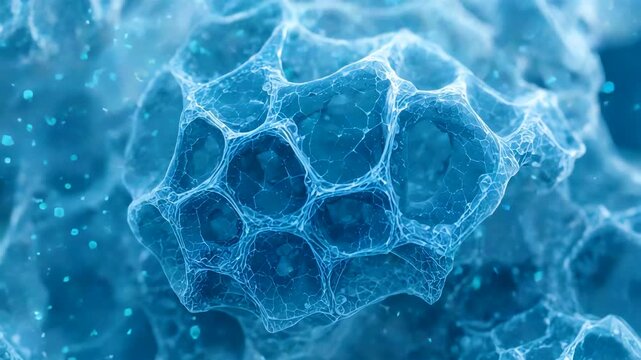Blue glowing honeycomb cellular structure microscopic view ethereal bubbles foam abstract texture
