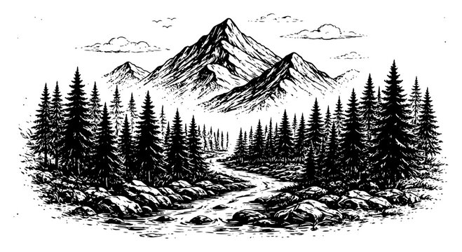 Scenic mountain landscape with pine forest and river in engraving style