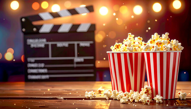 Filmabend im Kino mit Popcorn und Filmklappe vor leuchtendem Bokeh-Hintergrund